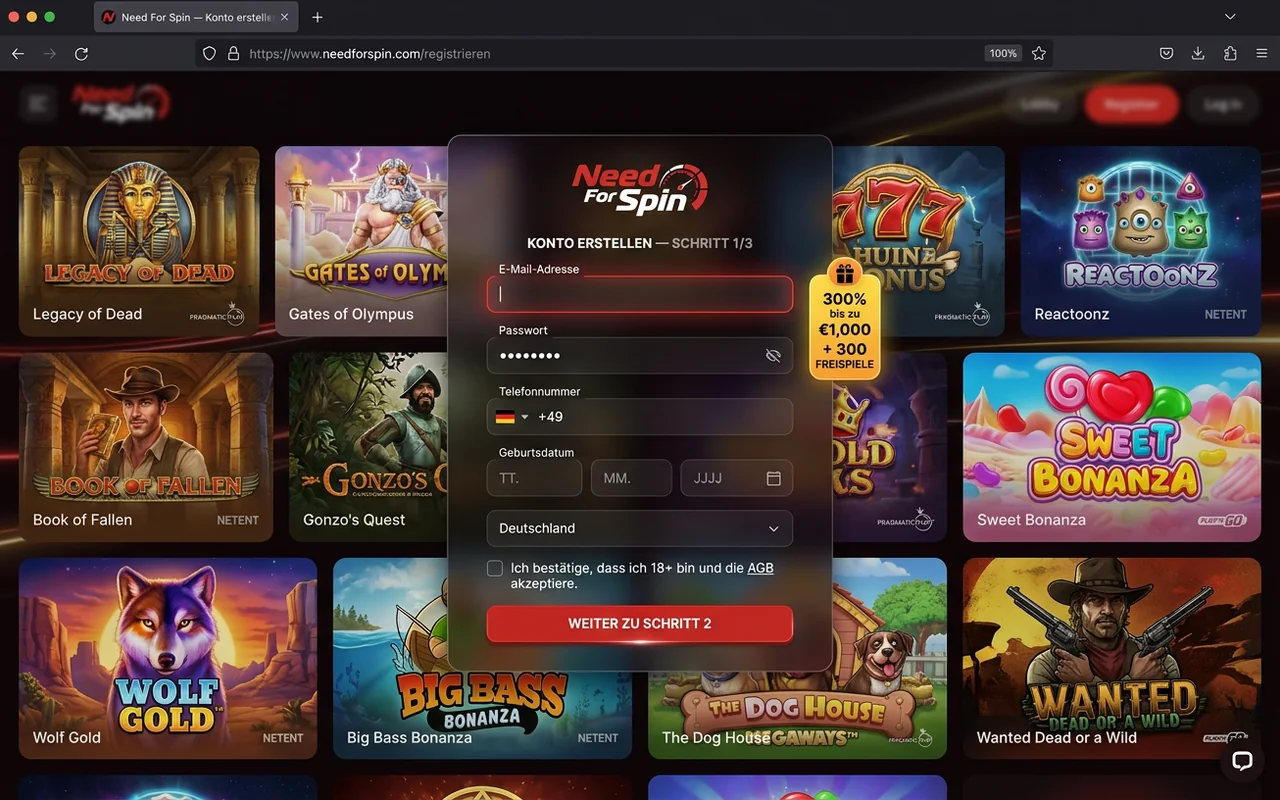 Registrierung in unter 60 Sekunden – Need For Spin